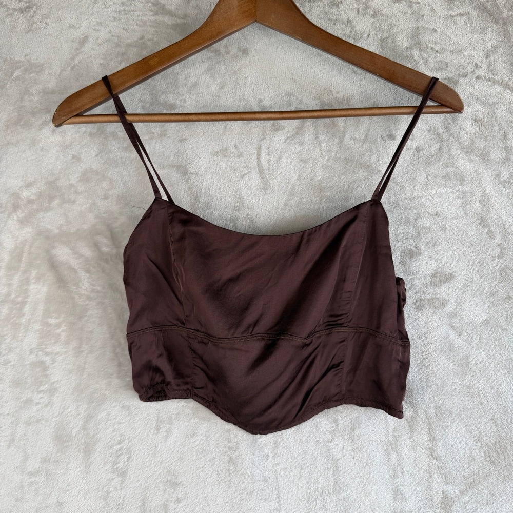 aerie Chocolate Brown Satin Corset Crop Top Spaghetti Strap Smocked square Neck